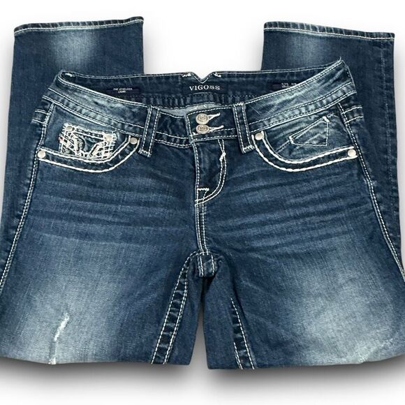 Vigoss Distressed Dark Wash The Chelsea Capri Blue Jeans - Picture 8 of 14